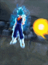a cartoon character with blue hair and white gloves is standing in front of a blue background .