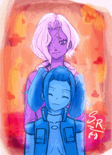 a drawing of two girls with s.r. written in the corner