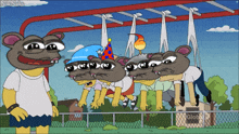 a cartoon of a group of mice hanging from a rope with a globe sign in the background