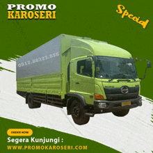 a yellow hino truck is advertised on a green and white background