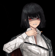 a girl with black hair and red eyes is holding a cigarette in her hand