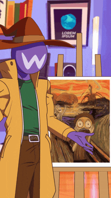 a cartoon character with a w on his head is holding a painting