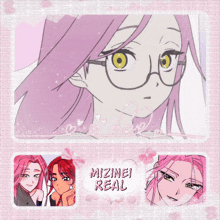 a picture of a girl with glasses and the word mizinei real