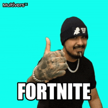 a man giving a thumbs up with the word fortnite on the bottom