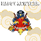 a blue bird is sitting on top of a red dragon with the words happy new year written below it
