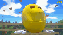 a yellow smiley face is behind a wooden fence and the word joe is on the bottom