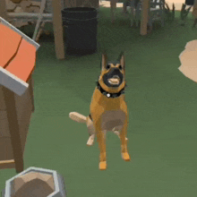 a dog wearing a black collar is standing on a grassy field in a video game .