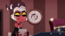 a cartoon character holding a piece of paper in front of a clock