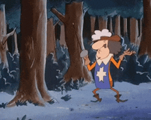 a cartoon character is walking through a forest with a sword