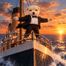 a teddy bear in a tuxedo is standing on a boat