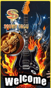 an advertisement for sound grou featuring a guitar and a welcome message