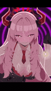 a girl with long pink hair and horns is holding a ring