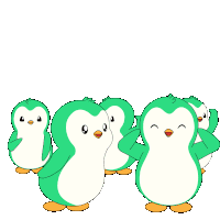 a group of green and white penguins standing next to each other on a white background