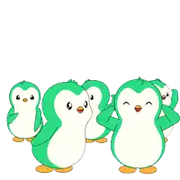 a group of green and white penguins standing next to each other on a white background