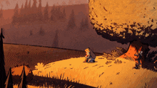 a cartoon of a girl sitting under a tree in a field