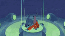 a cartoon character is standing in a glass container in a room .