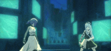 two anime girls are standing next to each other in front of a screen