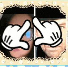 a picture of a woman and a man with mickey mouse gloves