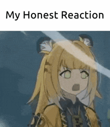 a cartoon character with a surprised look on her face and the words `` my honest reaction '' .