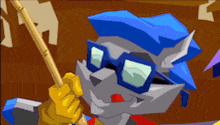 a cartoon cat wearing glasses and a blue hat is holding a stick