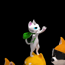 a white cat with a green backpack on its back is jumping in the air
