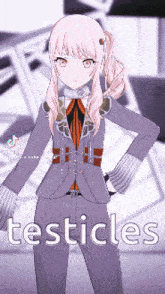 a girl with pink hair is standing in front of a sign that says testicles ..