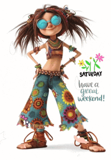 a cartoon girl with sunglasses and the words saturday have a great weekend