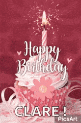 a pink and white cupcake with a candle on top of it .