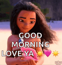 a picture of a girl holding a seashell with the words good morning love ya