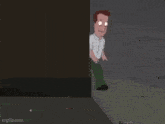 a cartoon character from family guy is standing on a sidewalk and looking at something .