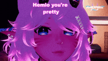 a purple anime character with the words hemlo you 're pretty above her