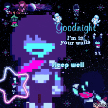 a pixel art of a girl says goodnight i 'm in your walls sleep well