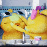 a couple of cartoon ducks looking at each other in a bathroom mirror