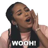 a woman with her mouth open and the word wooh written on her face