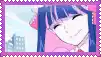 a cartoon of a girl with long blue hair and purple stockings .