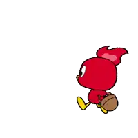 a red cartoon character is walking with a basketball in his hand .