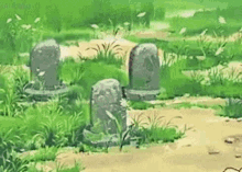 a painting of a cemetery with graves in the grass and a path .
