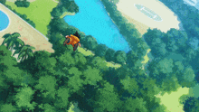 a cartoon character is flying through a forest near a body of water