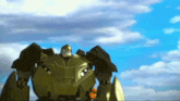 a cartoon robot with a blue sky in the background