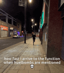 a person running down a sidewalk with the words how fast i arrive to the function when huelbombs are mentioned on the bottom