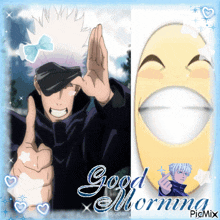 a picture of a man giving a thumbs up next to a smiley face that says good morning picmix