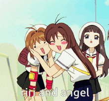 a group of anime girls standing next to each other with the words " riri and angel " below them
