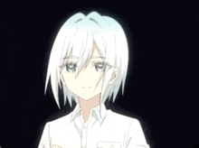 a white haired anime character with blue eyes