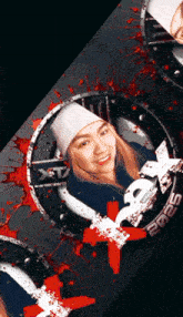 a woman in a white hat is surrounded by a circle that says xt on it