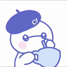 a cartoon character is wearing a purple beret with the letter cf on it