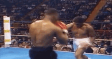 two boxers are fighting in a boxing ring with a crowd watching