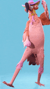 a cartoon bird wearing a hat and feathers is standing on its hind legs