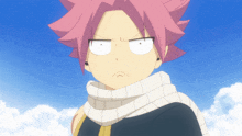 a cartoon character with pink hair and a scarf around his neck
