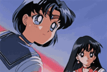 two anime girls are standing next to each other and looking up at the sky