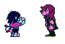 a pixel art drawing of a person holding a sword and a pixel art drawing of a person standing .